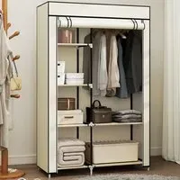6 Shelf Foldable Wardrobe with Hanging Rail - Cream, Fabric