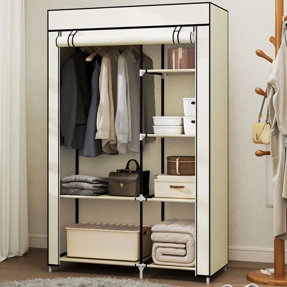 6 Shelf Foldable Wardrobe with Hanging Rail - Cream, Fabric