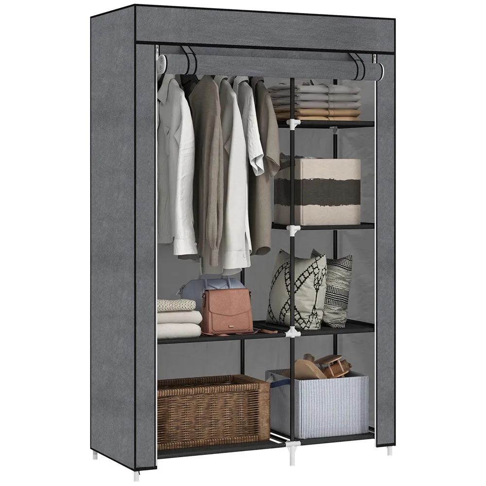 6 Shelf Foldable Wardrobe with Hanging Rail - Grey, Fabric