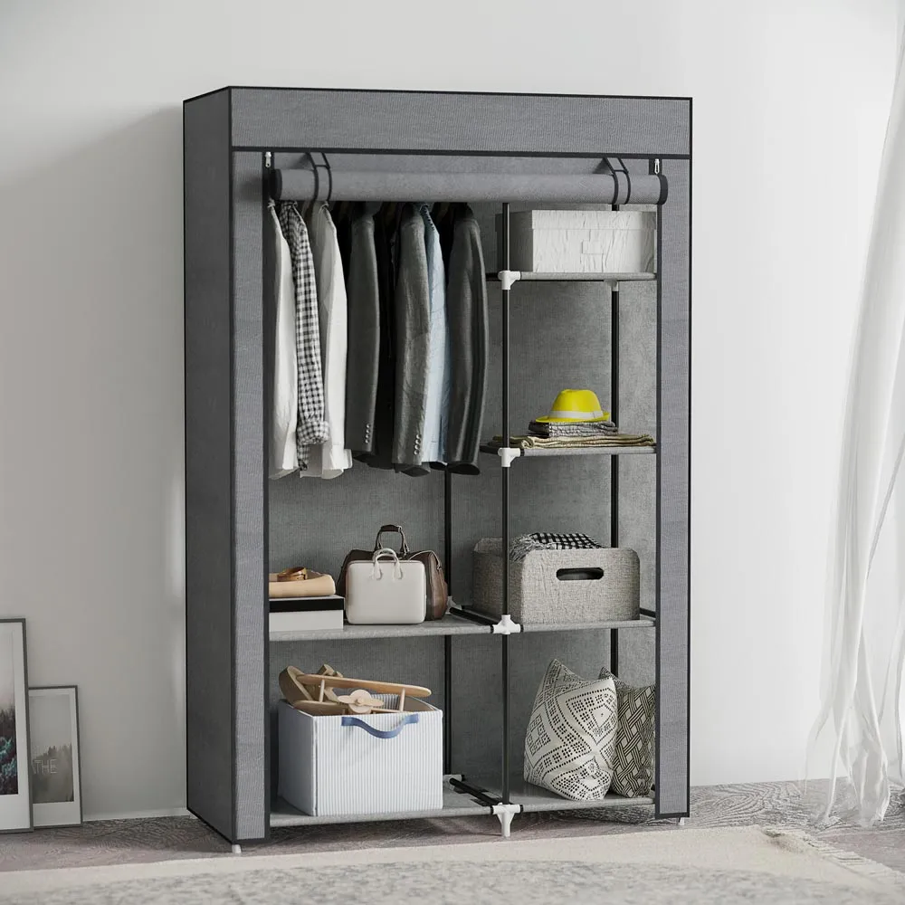 6 Shelf Foldable Wardrobe with Hanging Rail - Grey, Fabric