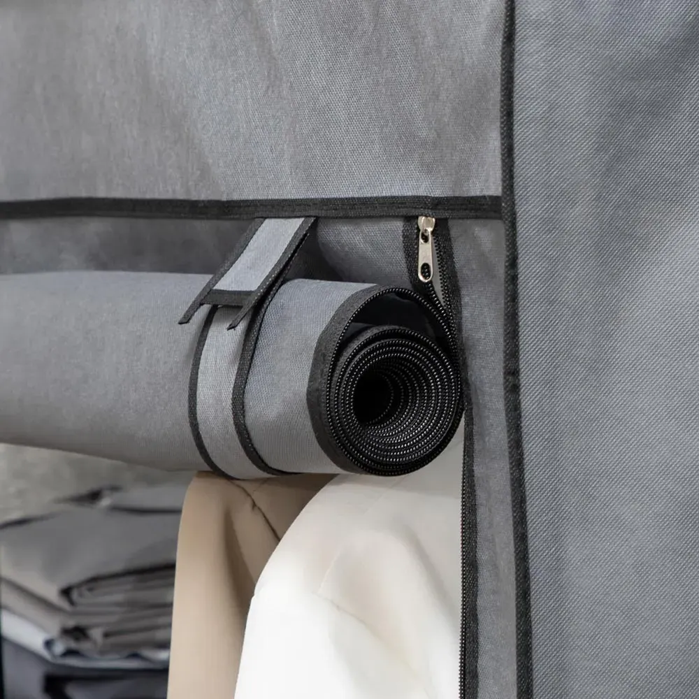 6 Shelf Foldable Wardrobe with Hanging Rail - Grey, Fabric