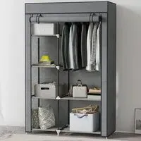 6 Shelf Foldable Wardrobe with Hanging Rail - Grey, Fabric