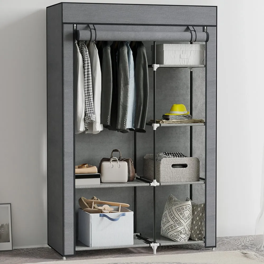 6 Shelf Foldable Wardrobe with Hanging Rail - Grey, Fabric image