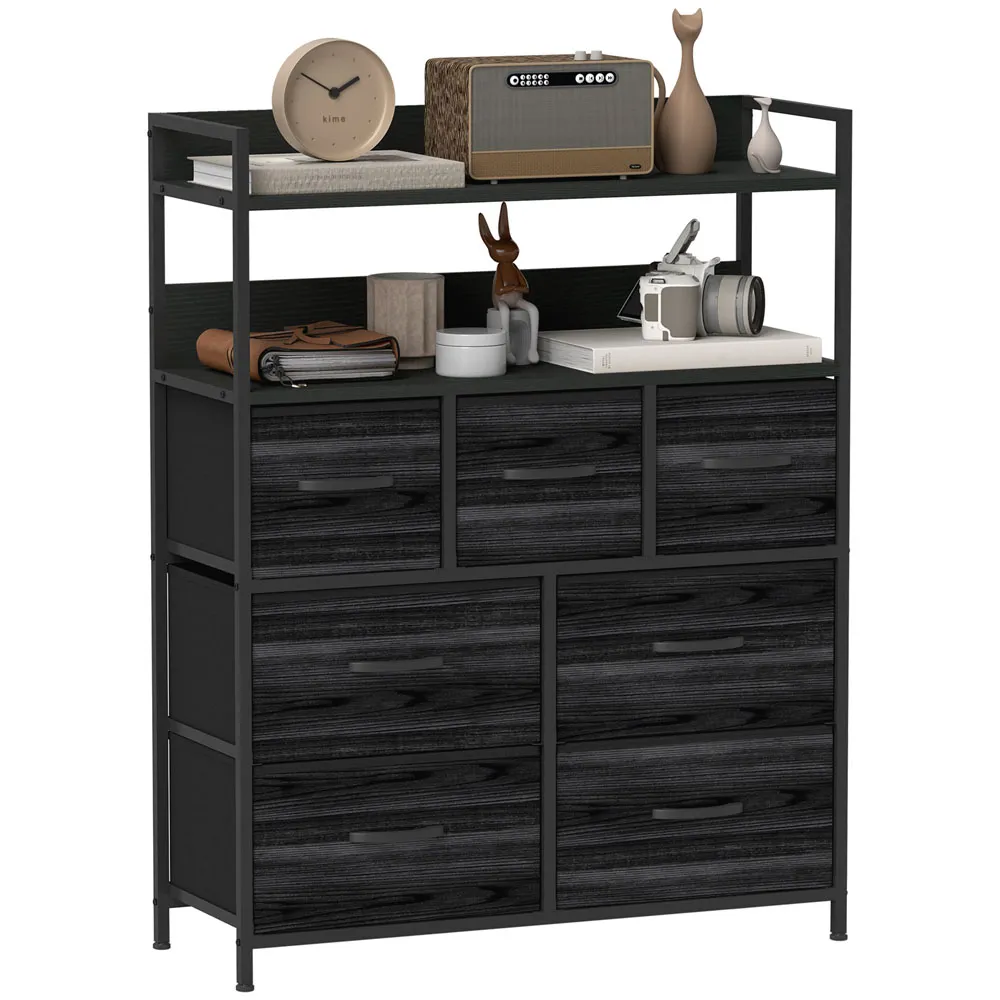 7 Drawer Chest of Drawers with Shelves - Black