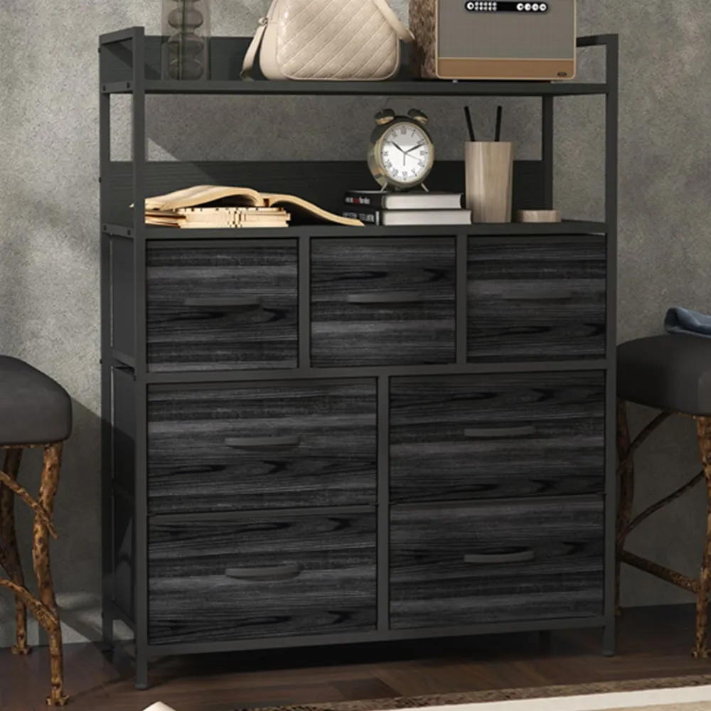 7 Drawer Chest of Drawers with Shelves - Black
