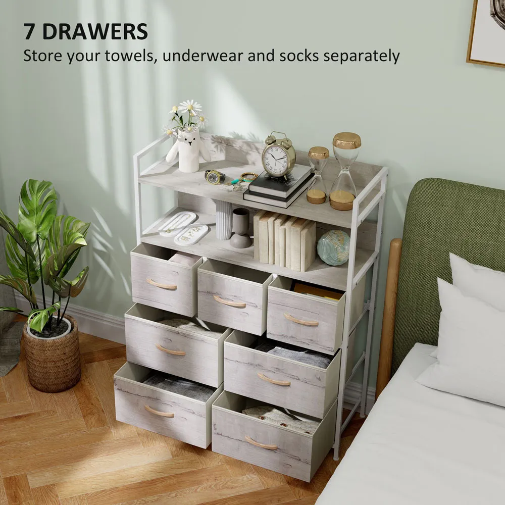 7 Drawer Chest of Drawers with Shelves - Brown