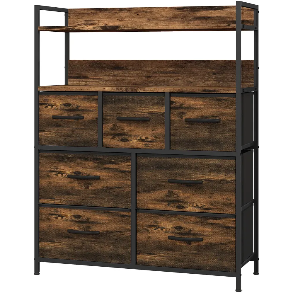 7 Drawer Chest of Drawers with Shelves - Brown, Wood Effect