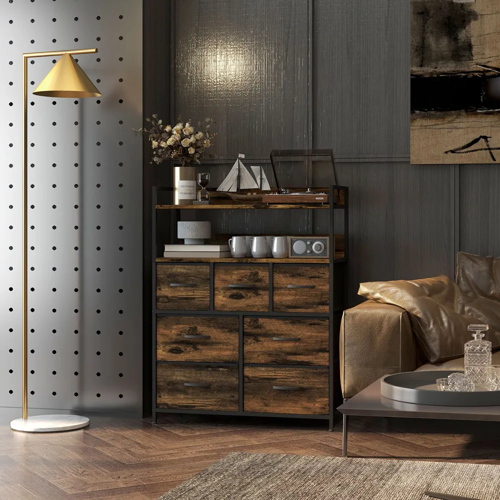7 Drawer Chest of Drawers with Shelves - Brown, Wood Effect
