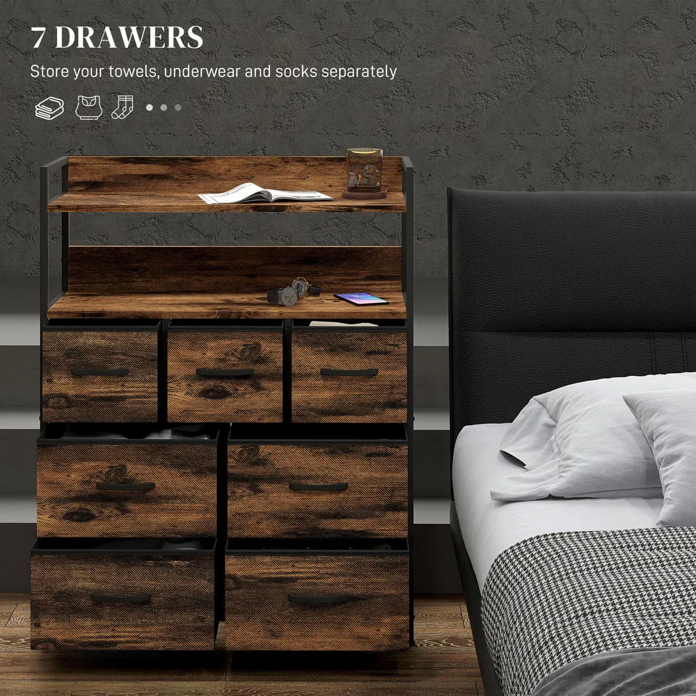 7 Drawer Chest of Drawers with Shelves - Brown, Wood Effect