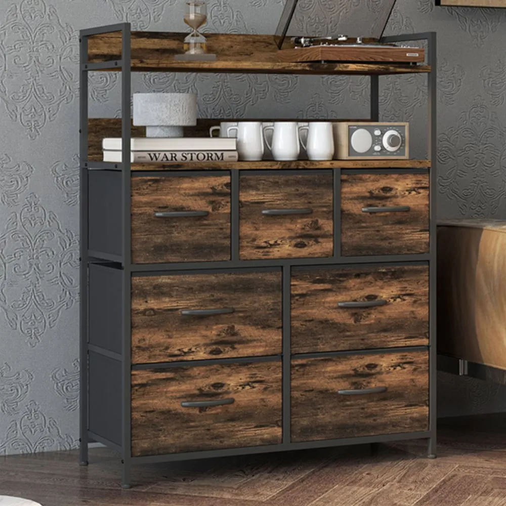 7 Drawer Chest of Drawers with Shelves - Brown, Wood Effect