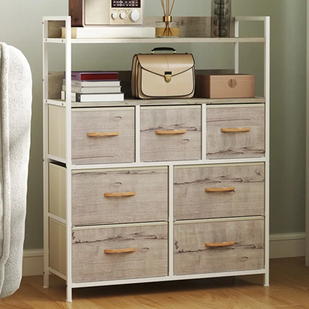 7 Drawer Chest of Drawers with Shelves - Brown