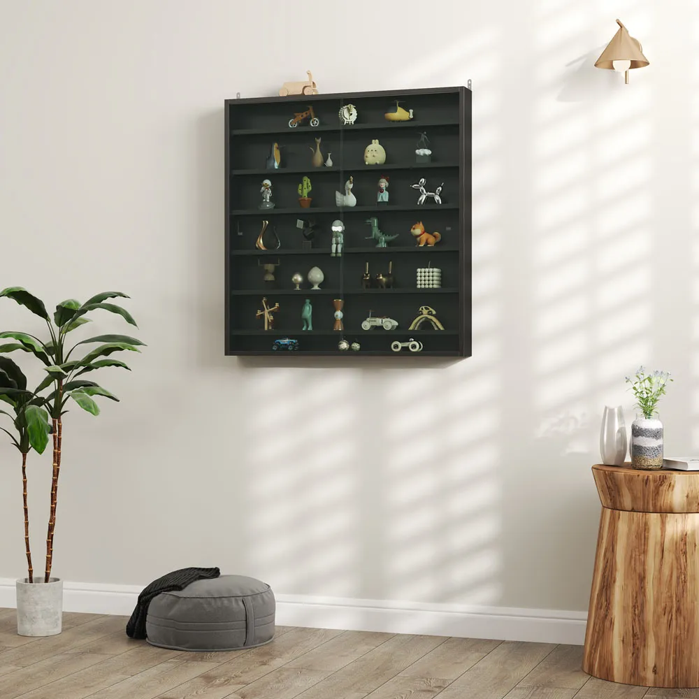 7-Tier Wall Display Cabinet with Glass Doors - Black
