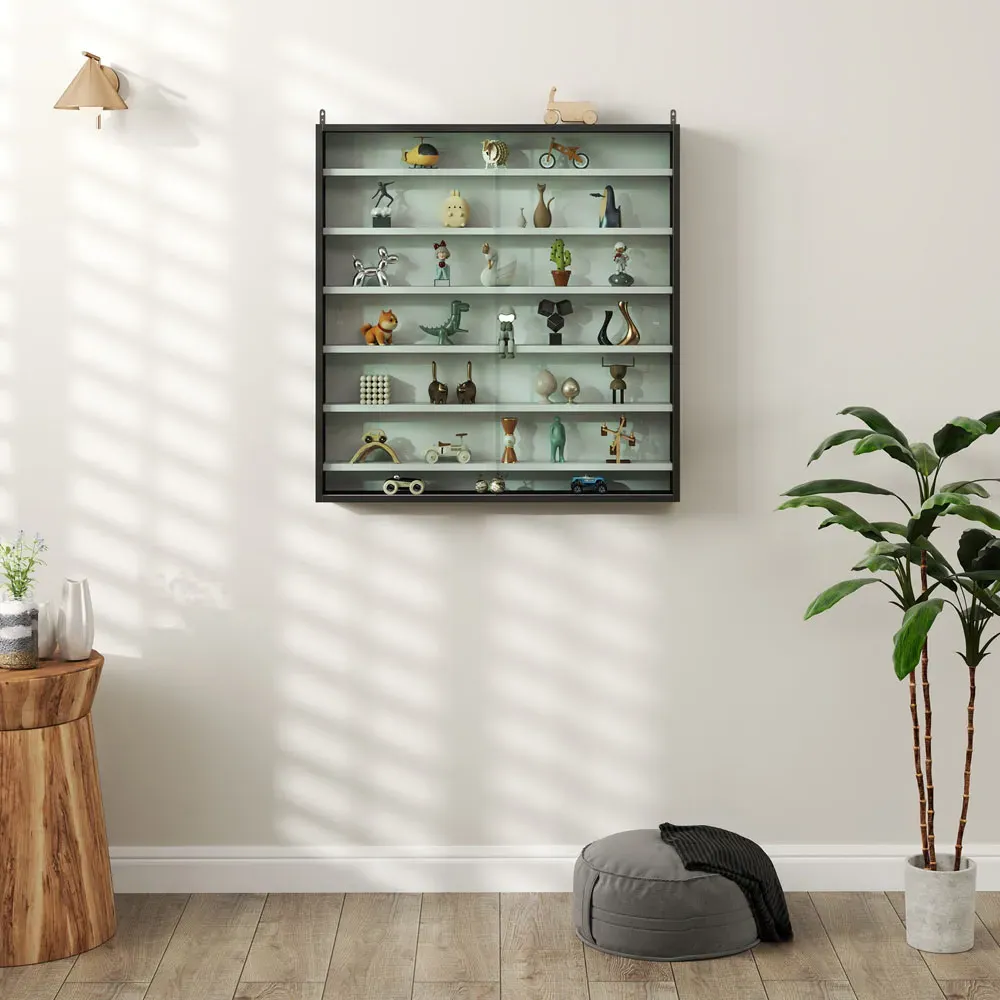 7-Tier Wall Display Cabinet with Glass Doors - Black