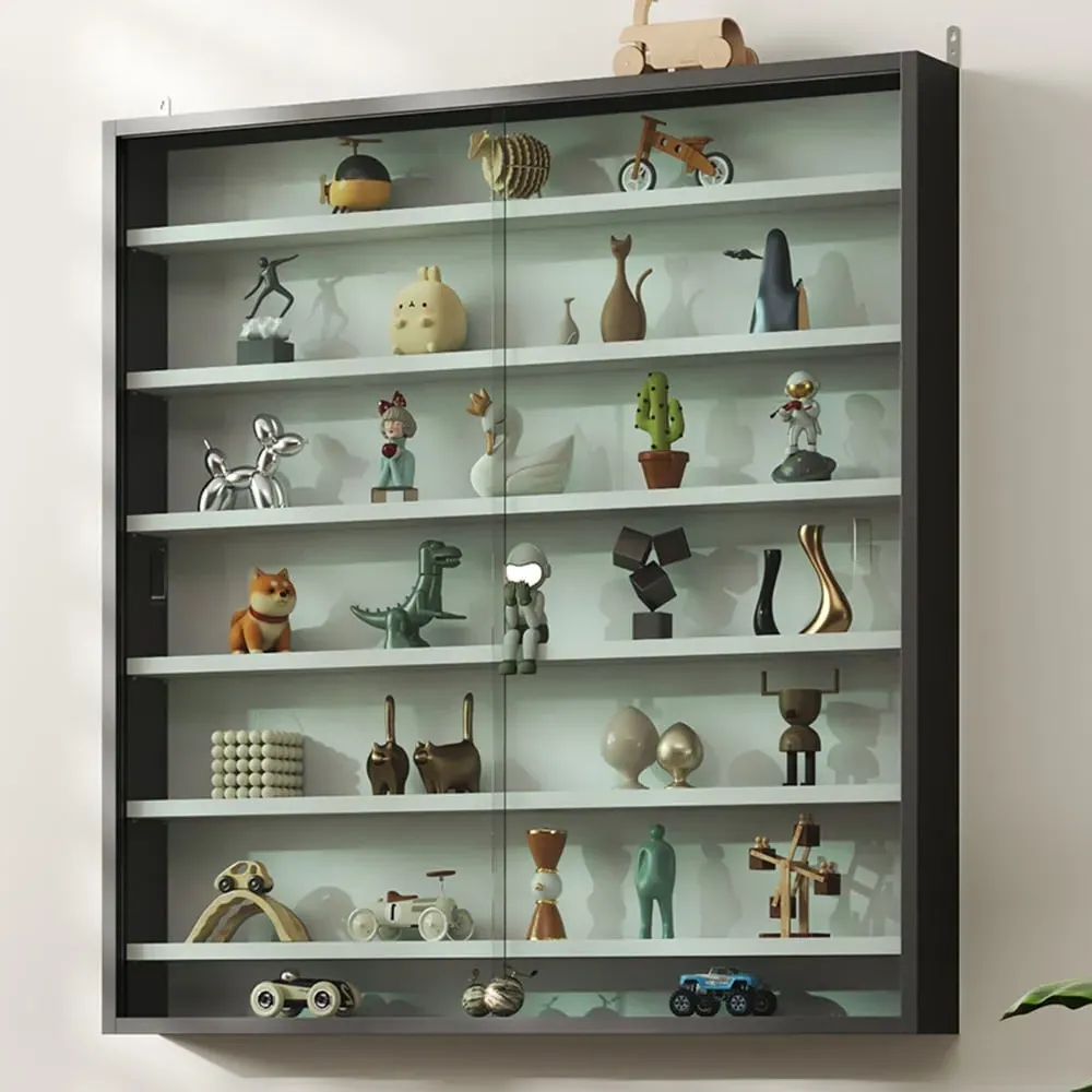7-Tier Wall Display Cabinet with Glass Doors - Black