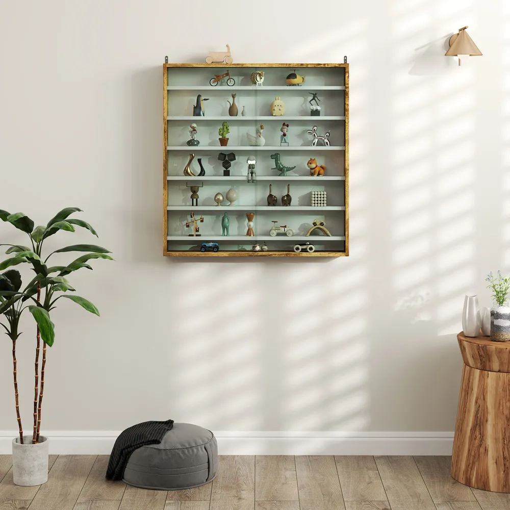 7-Tier Wall Display Cabinet with Glass Doors - Brown