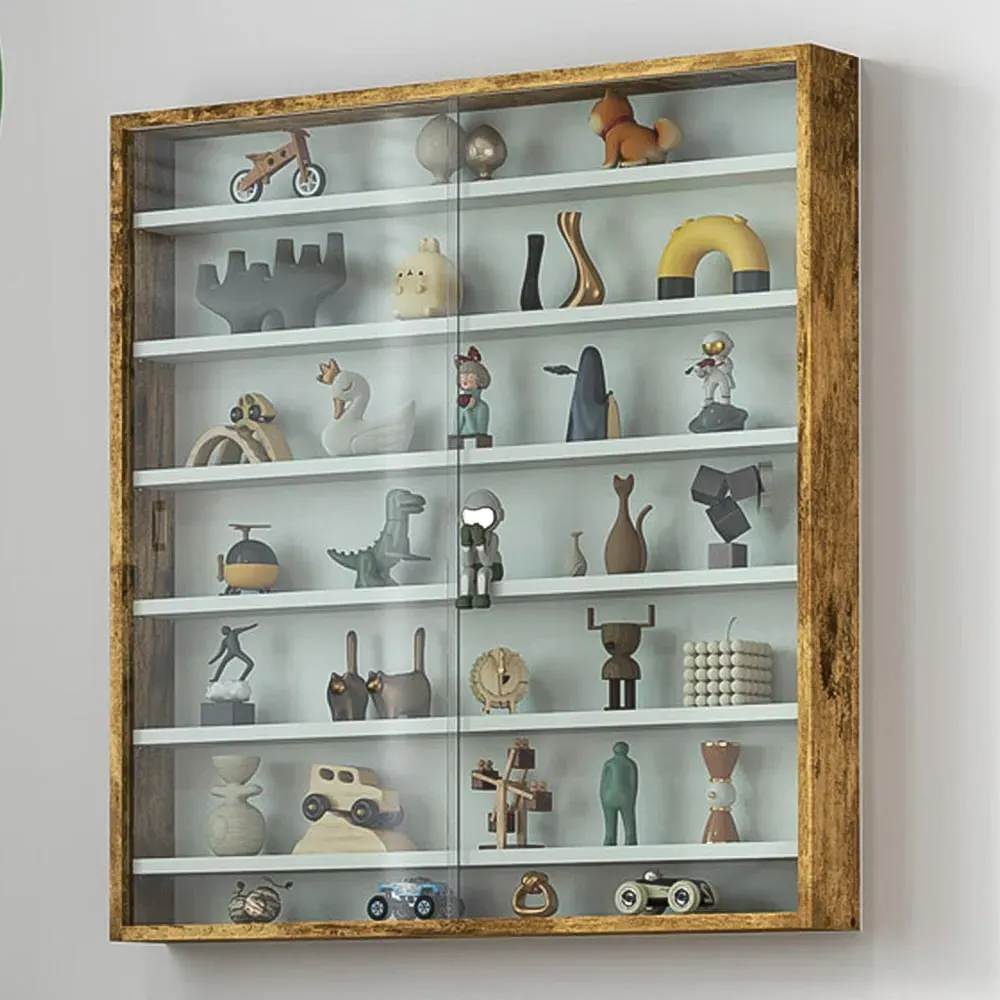 7-Tier Wall Display Cabinet with Glass Doors - Brown image