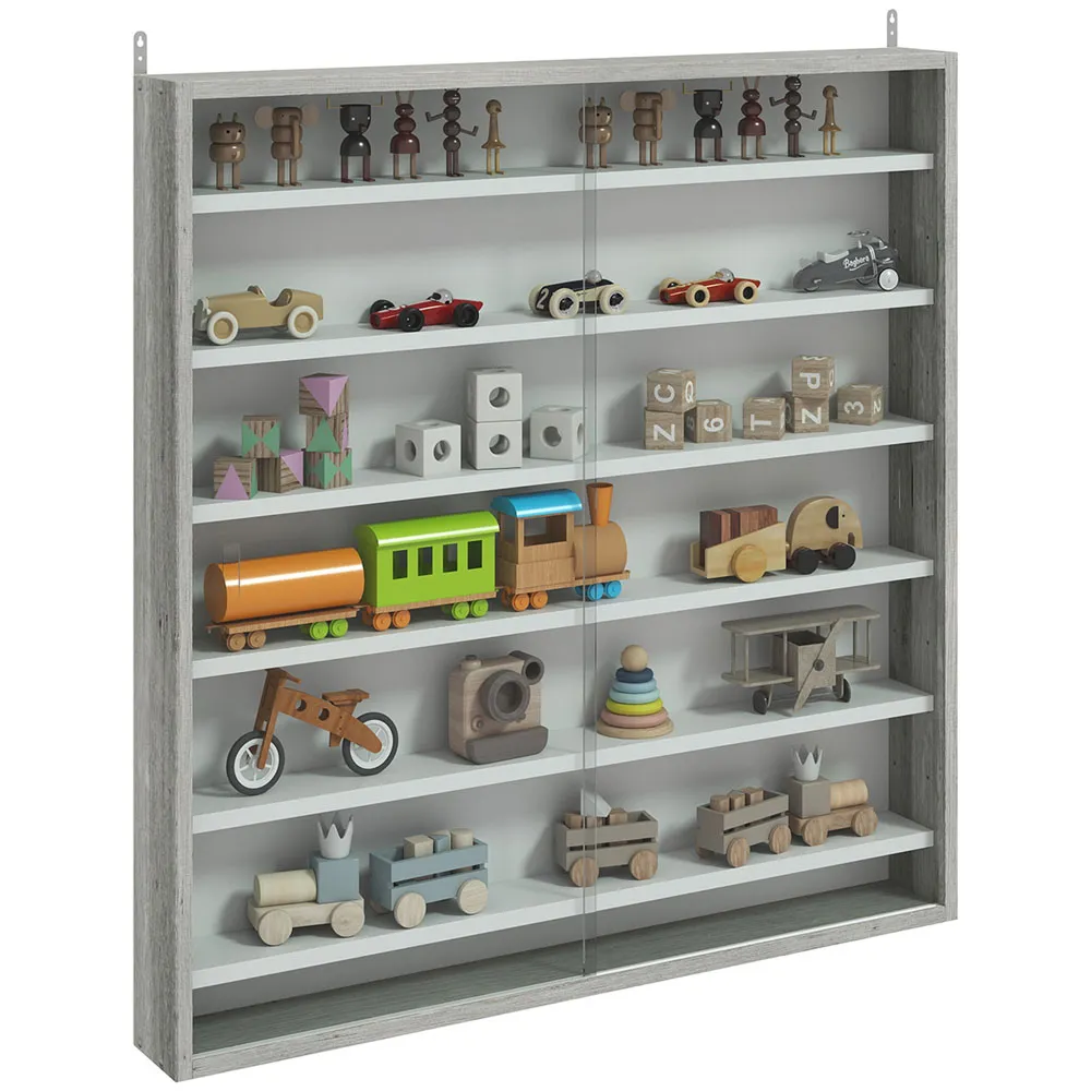 7-Tier Wall Display Cabinet with Glass Doors - Grey