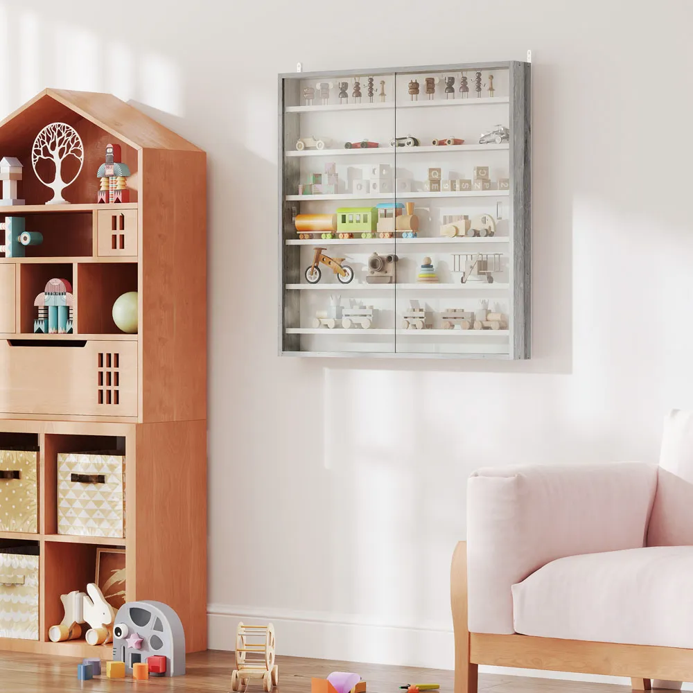 7-Tier Wall Display Cabinet with Glass Doors - Grey