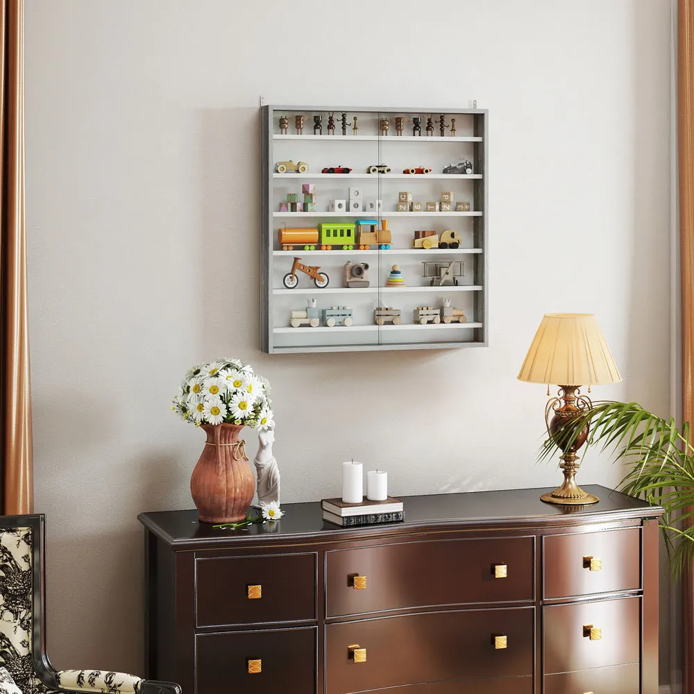 7-Tier Wall Display Cabinet with Glass Doors - Grey