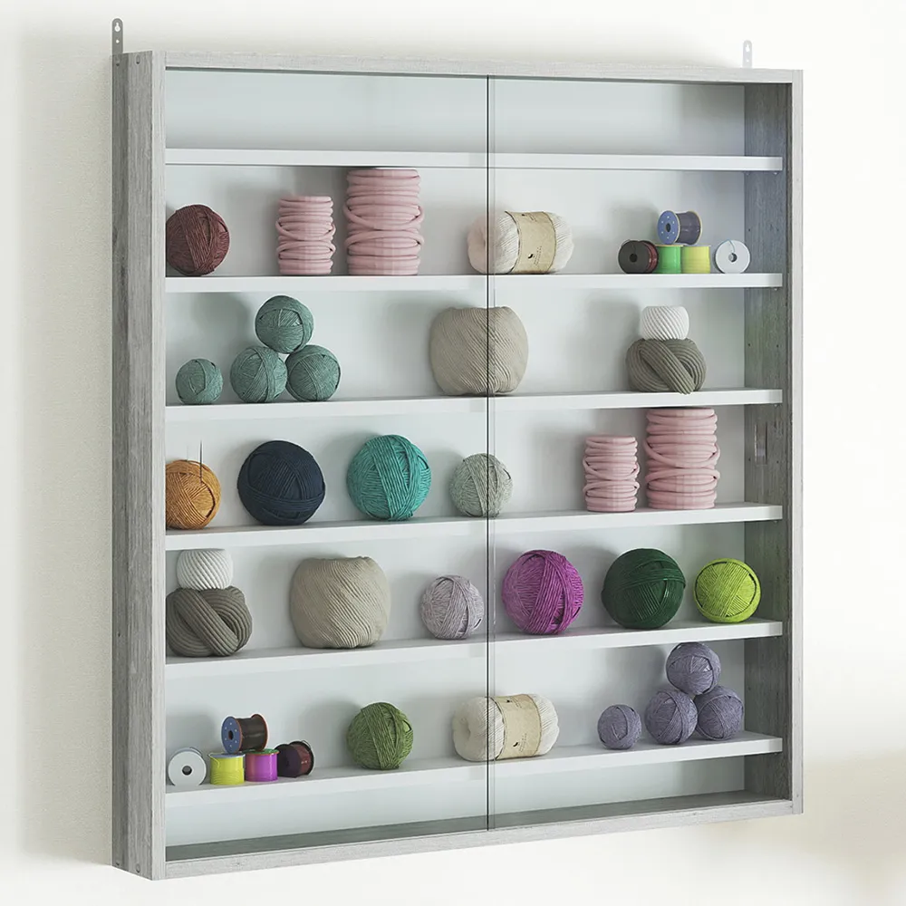 7-Tier Wall Display Cabinet with Glass Doors - Grey