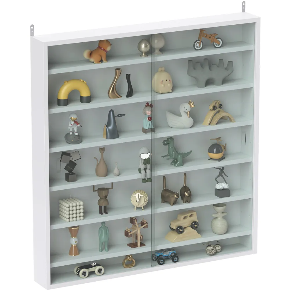7-Tier Wall Display Cabinet with Glass Doors - White