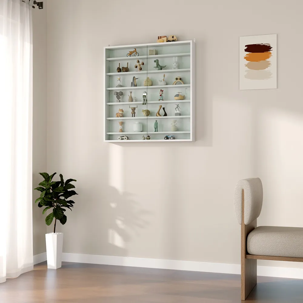 7-Tier Wall Display Cabinet with Glass Doors - White
