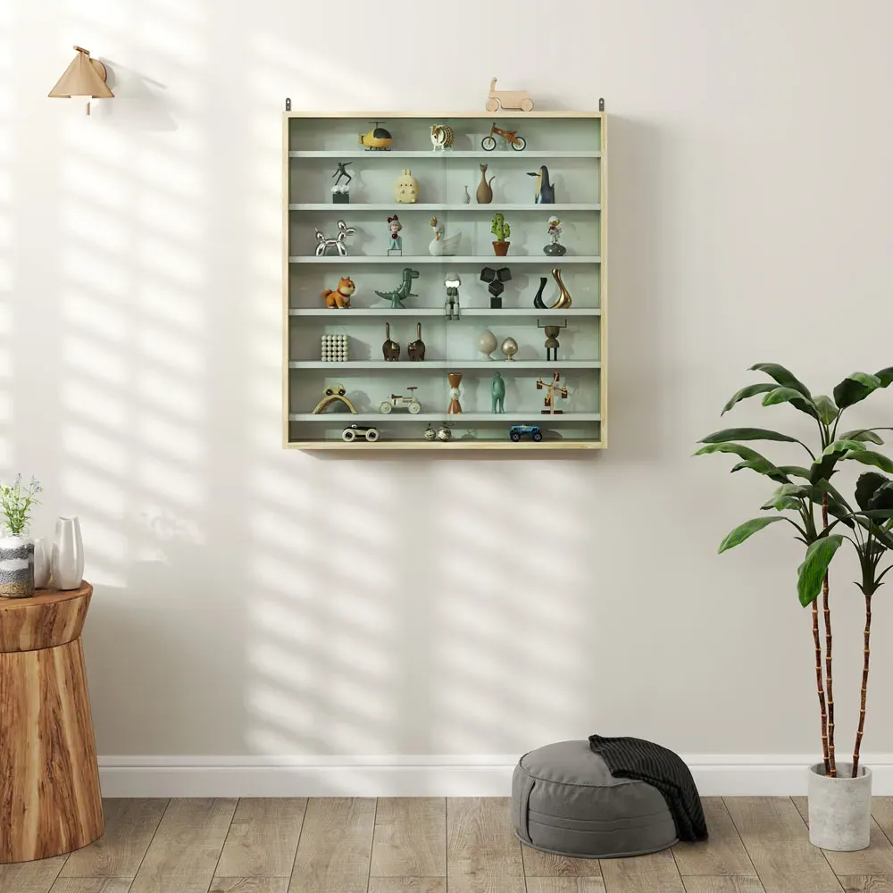 7-Tier Wall Display Cabinet with Glass Doors - White