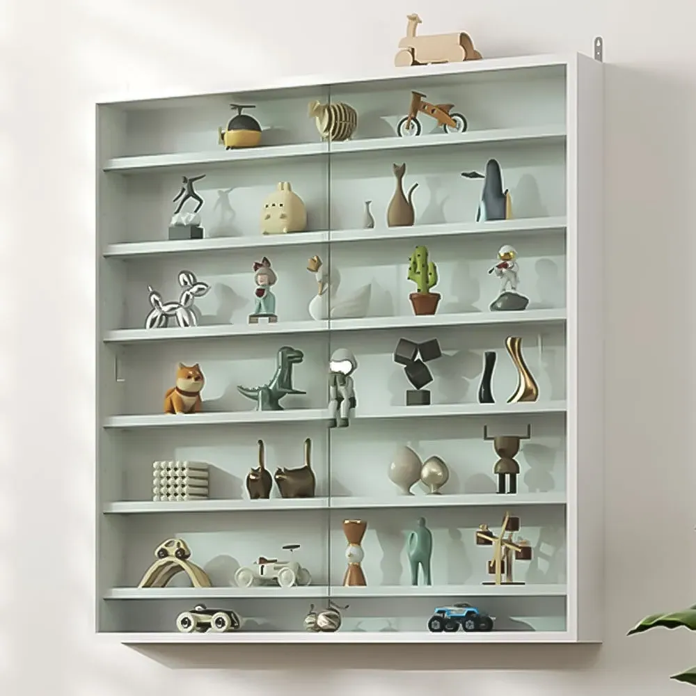7-Tier Wall Display Cabinet with Glass Doors - White