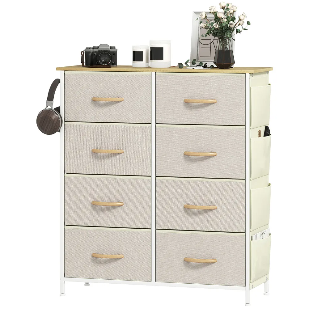 8-Drawer Chest of Drawers with Side Pockets - Beige, Fabric