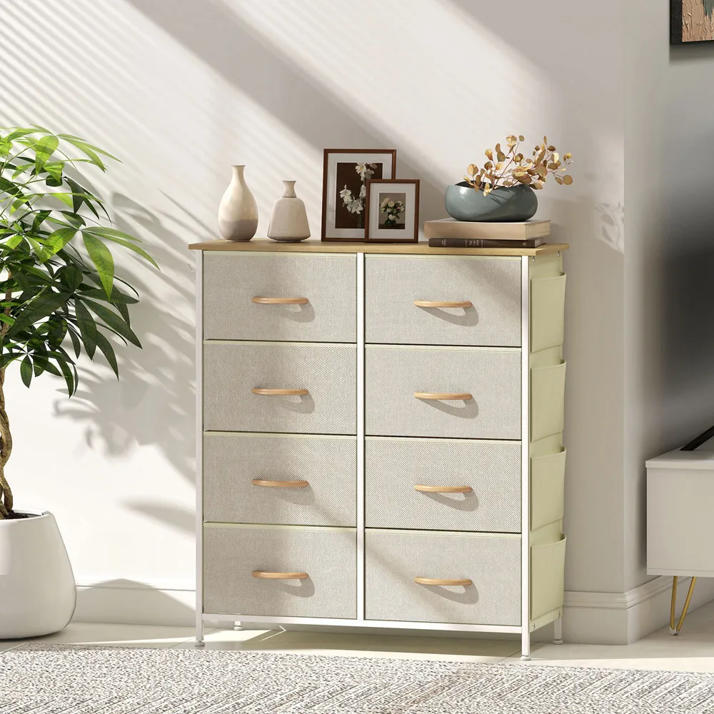 8-Drawer Chest of Drawers with Side Pockets - Beige, Fabric