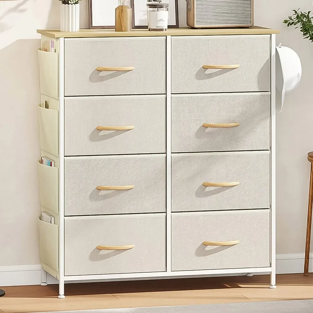 8-Drawer Chest of Drawers with Side Pockets - Beige, Fabric