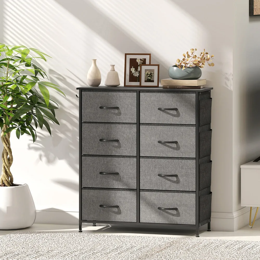 8 Drawer Chest of Drawers with Side Pockets - Grey, Fabric
