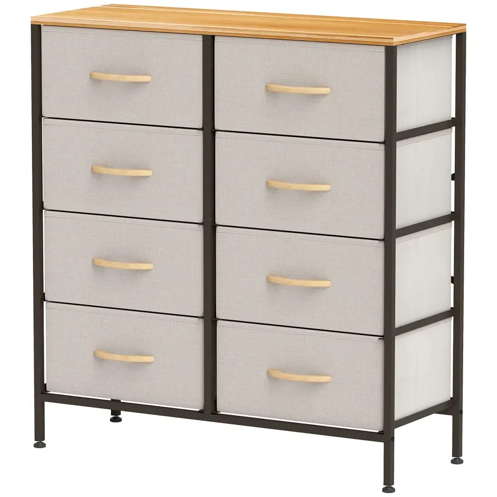8 Drawer Chest of Drawers with Wooden Top - Cream, Fabric