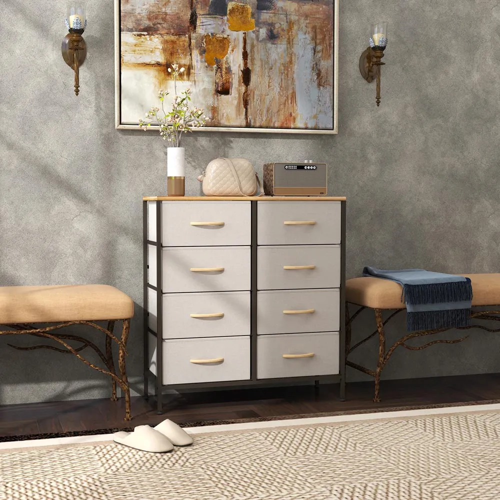8 Drawer Chest of Drawers with Wooden Top - Cream, Fabric