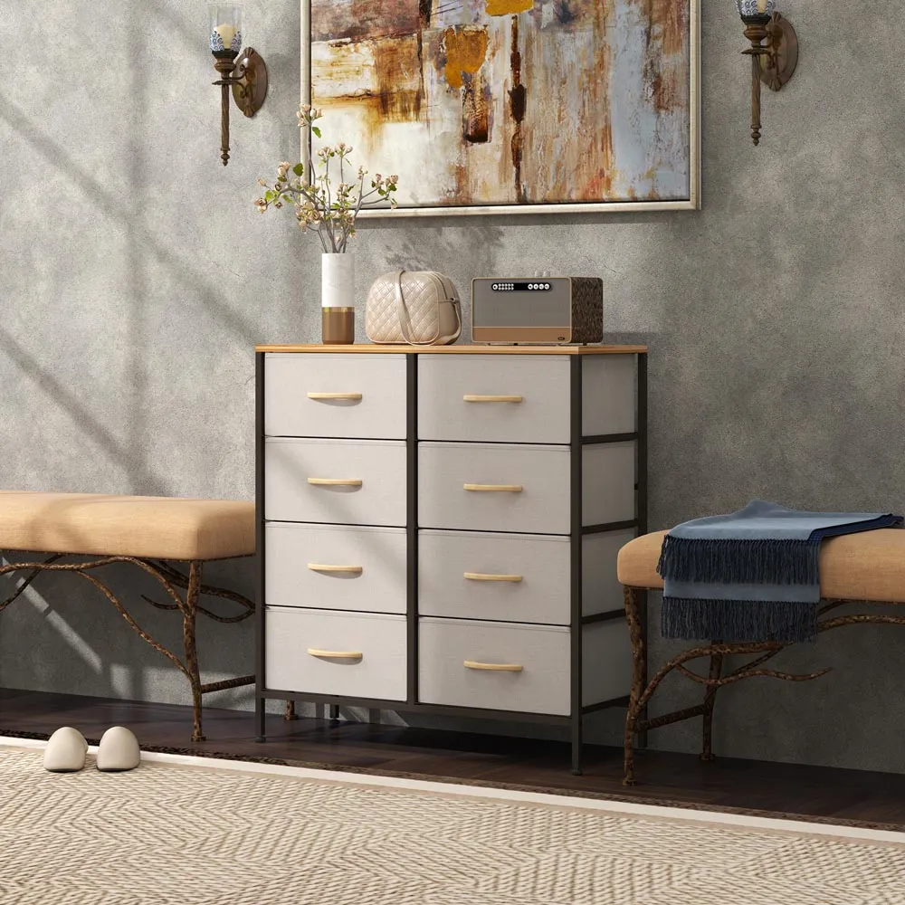 8 Drawer Chest of Drawers with Wooden Top - Cream, Fabric