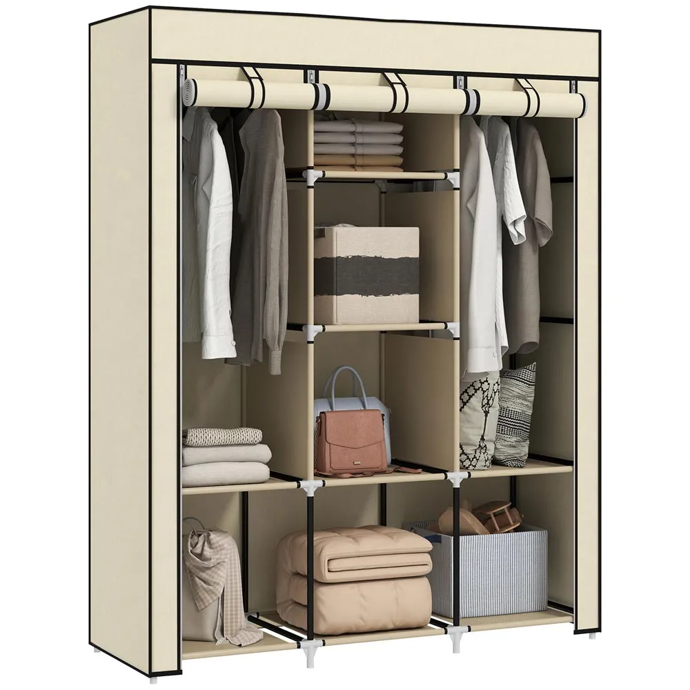 8 Shelf Portable Wardrobe with Hanging Rails - Cream, Fabric