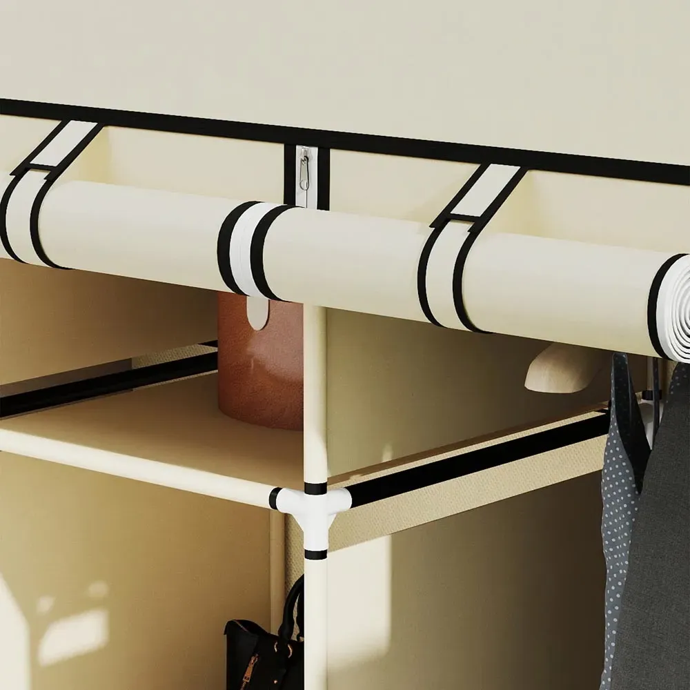 8 Shelf Portable Wardrobe with Hanging Rails - Cream, Fabric
