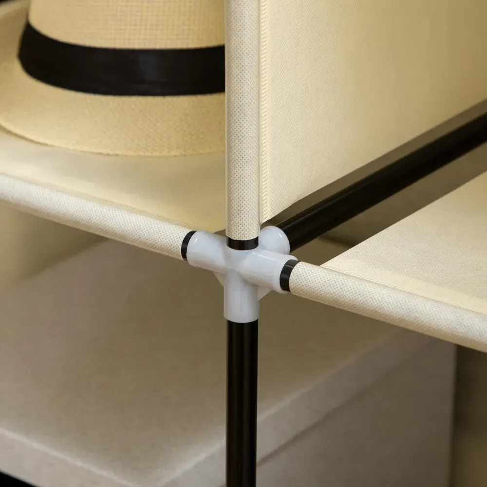 8 Shelf Portable Wardrobe with Hanging Rails - Cream, Fabric