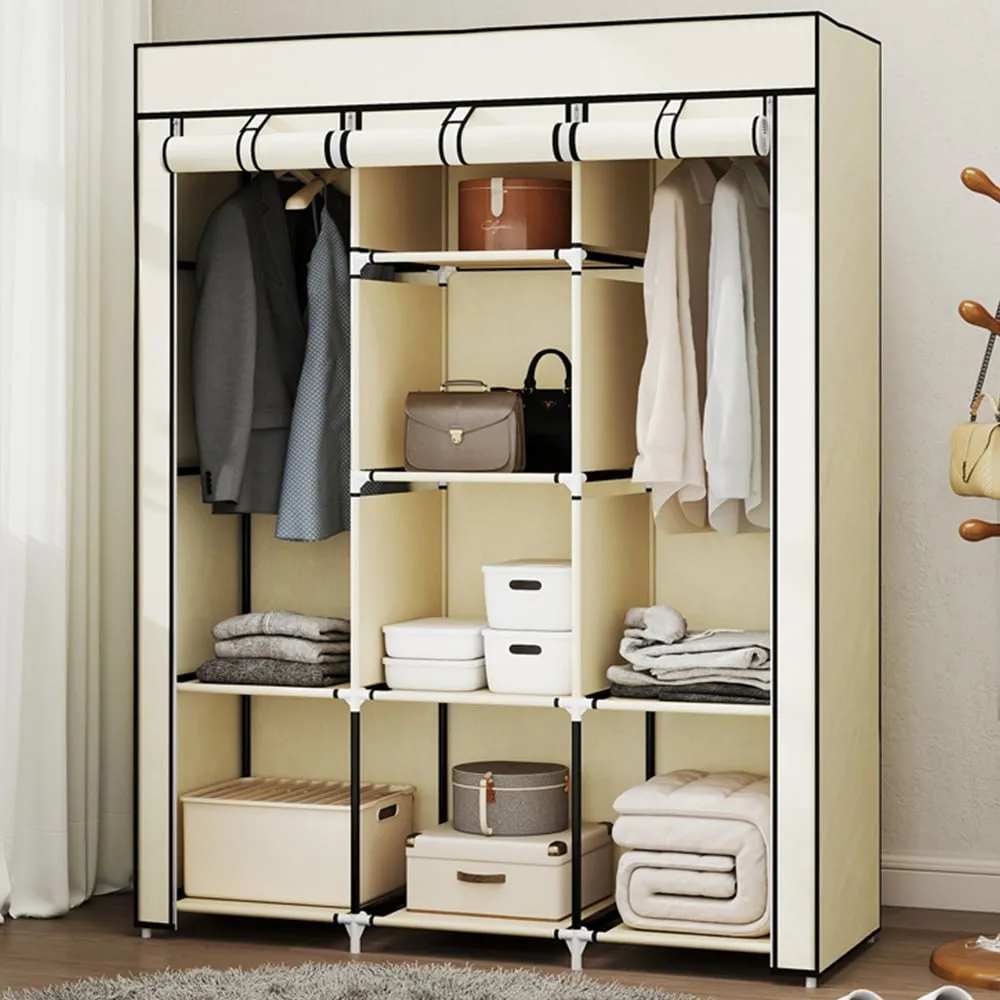 8 Shelf Portable Wardrobe with Hanging Rails - Cream, Fabric