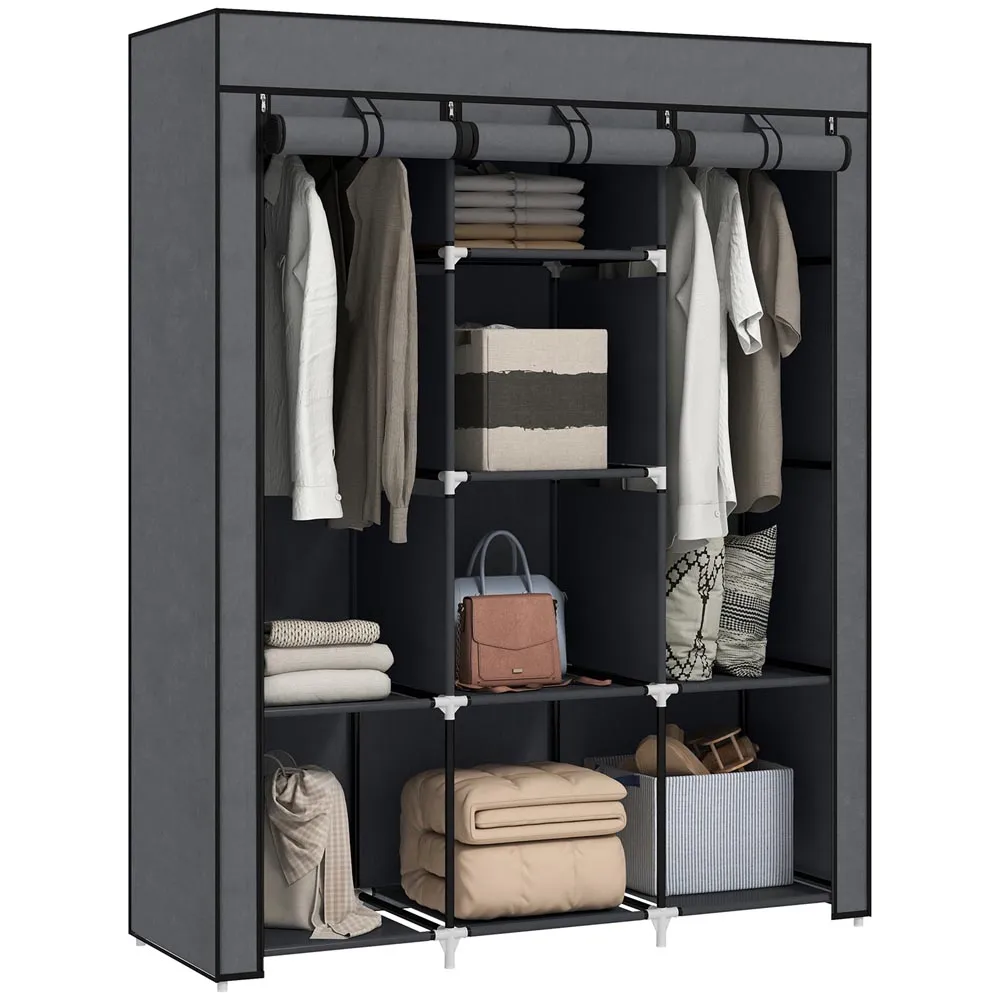 8 Shelf Portable Wardrobe with Hanging Rails - Grey, Fabric