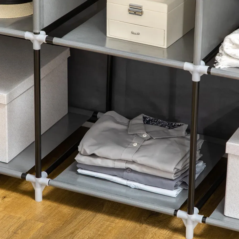 8 Shelf Portable Wardrobe with Hanging Rails - Grey, Fabric
