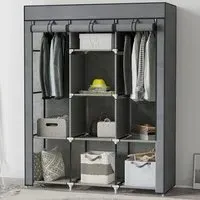8 Shelf Portable Wardrobe with Hanging Rails - Grey, Fabric