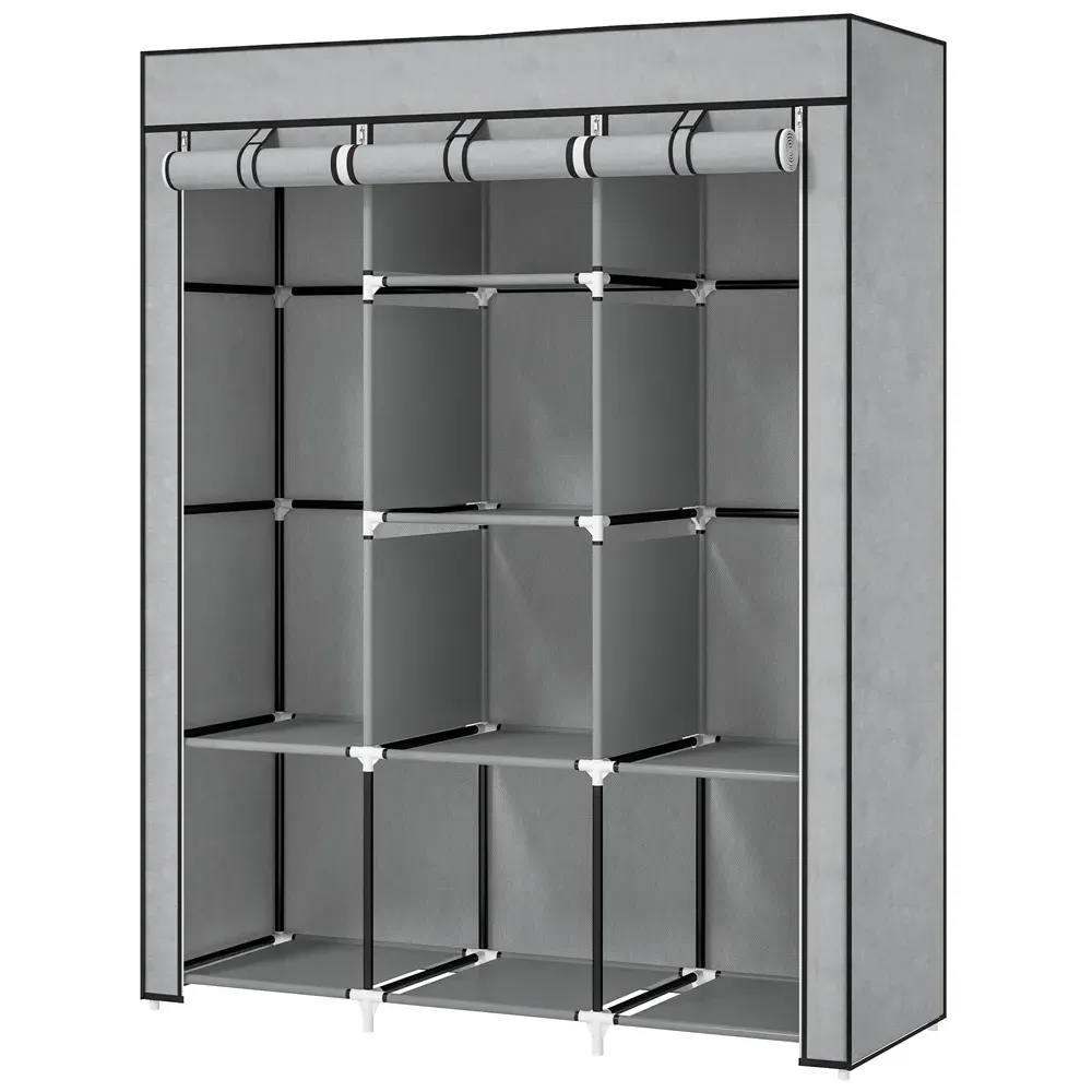 8 Shelf Portable Wardrobe with Hanging Rails - Grey, Fabric
