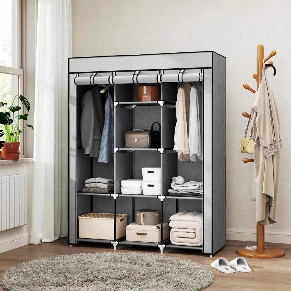 8 Shelf Portable Wardrobe with Hanging Rails - Grey, Fabric