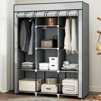 8 Shelf Portable Wardrobe with Hanging Rails - Grey, Fabric