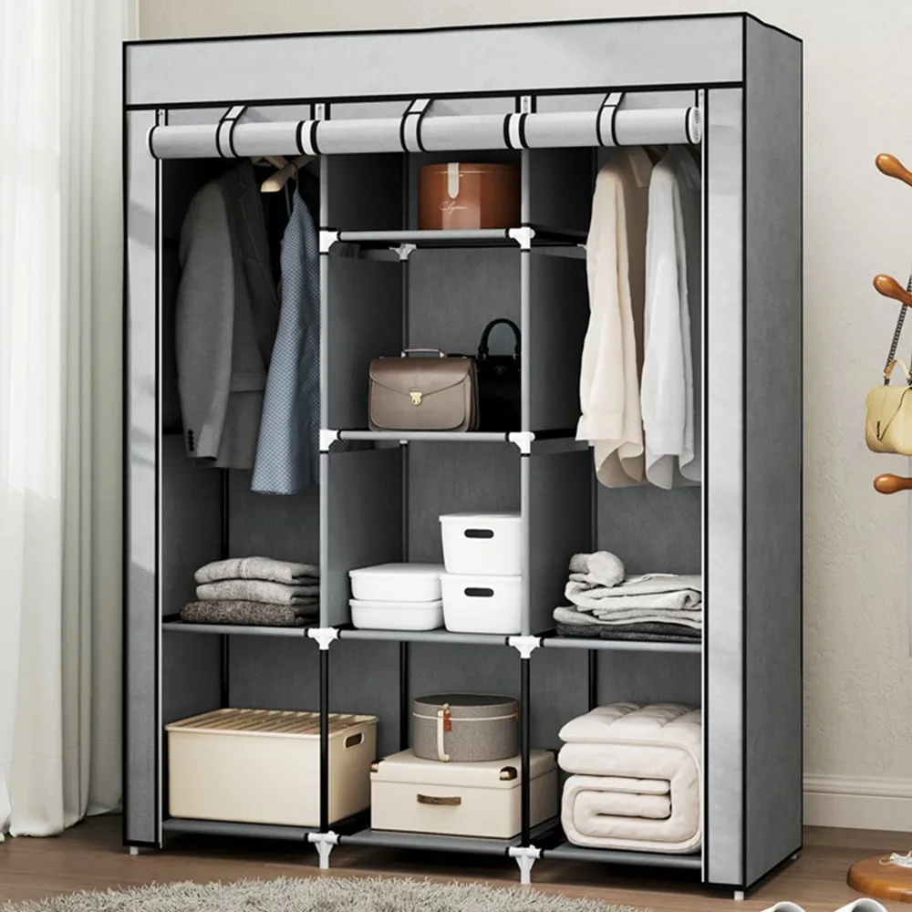 8 Shelf Portable Wardrobe with Hanging Rails - Grey, Fabric