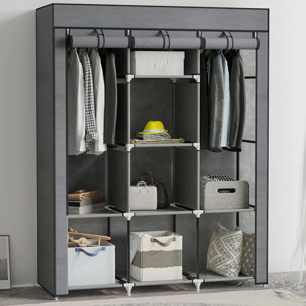 8 Shelf Portable Wardrobe with Hanging Rails - Grey, Fabric