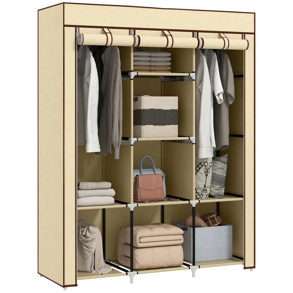8 Shelf Portable Wardrobe with Hanging Rails - Silver, Fabric