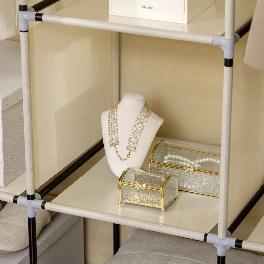 8 Shelf Portable Wardrobe with Hanging Rails - Silver, Fabric