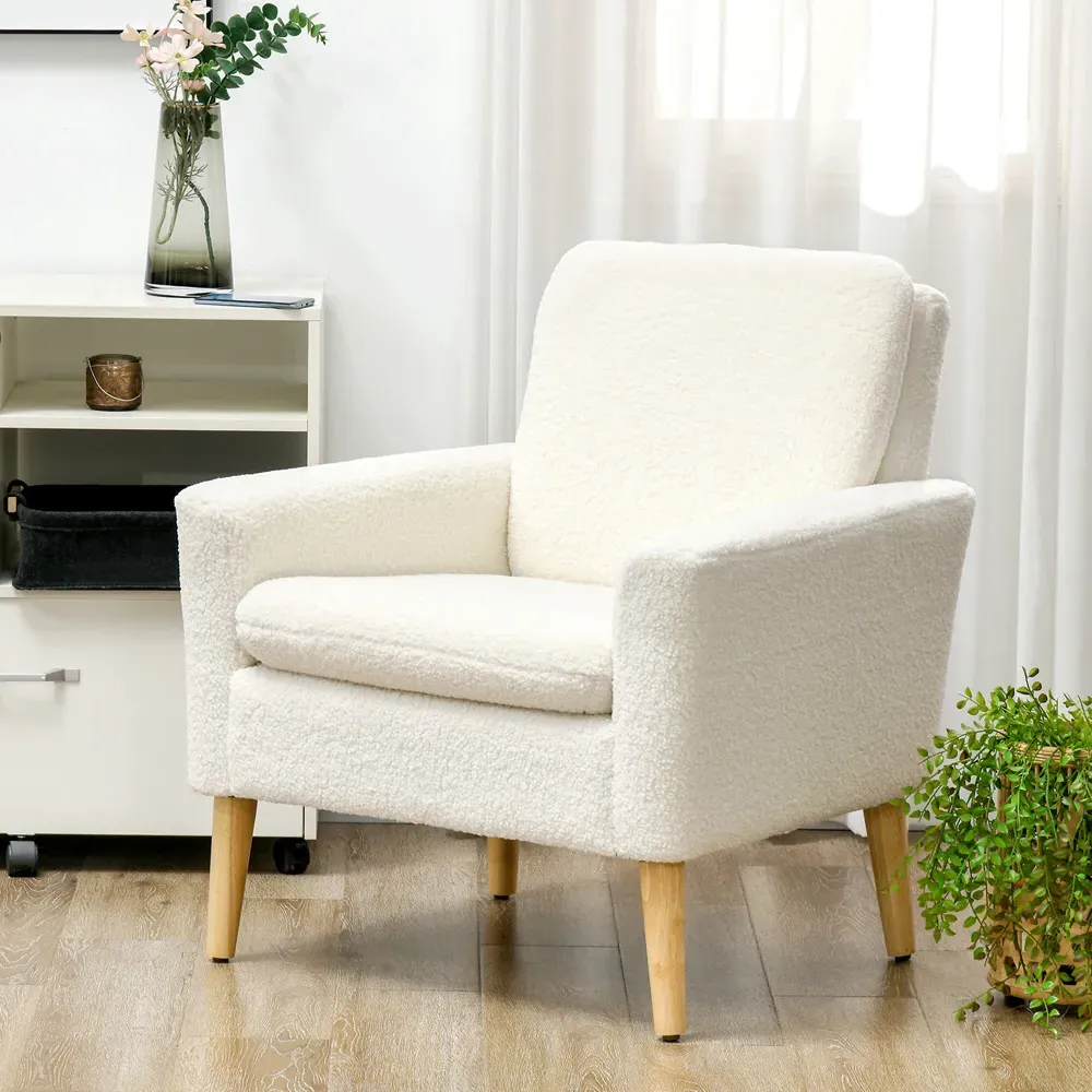 Accent Armchair with Wood Legs - Cream, Teddy Fleece